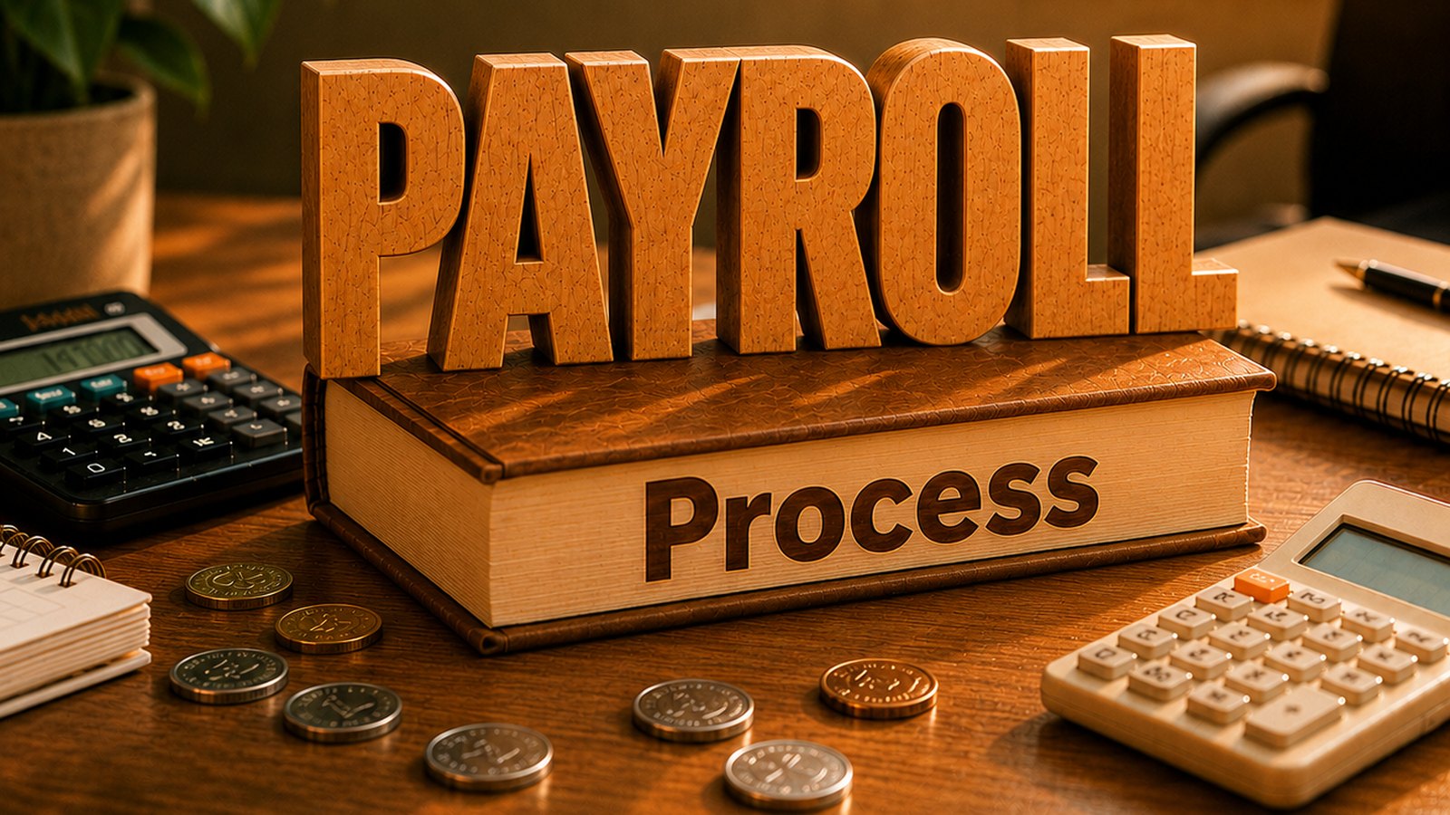 Payroll process lettering standing on a ledger book with calculators and coins on an accountant’s desk