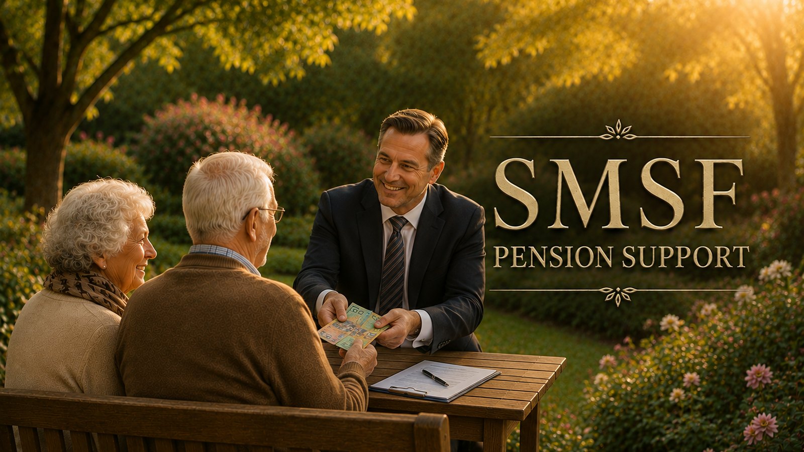 Adviser meeting a retired couple in a sunlit garden beside SMSF pension support lettering