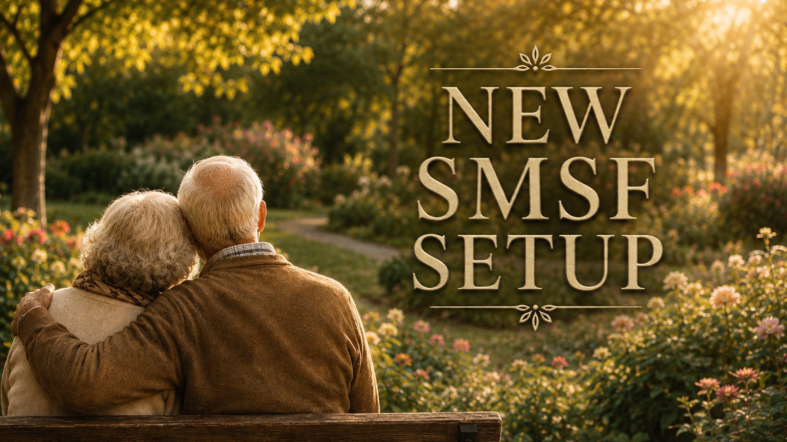 Retired couple sitting together in a sunlit garden beside new SMSF setup lettering
