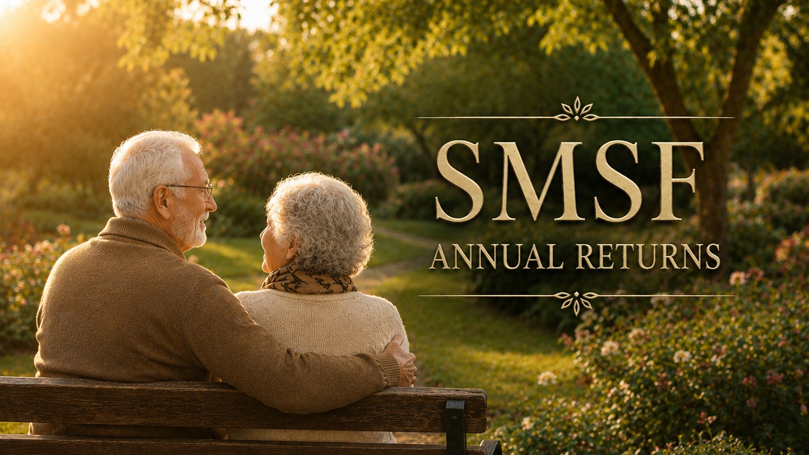 Retired couple sitting together in a sunlit garden beside SMSF annual returns lettering
