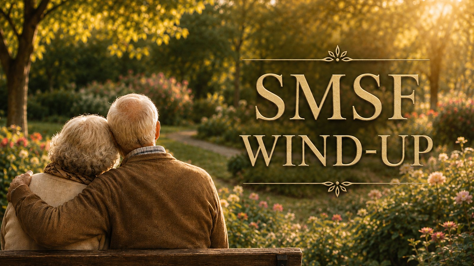 Retired couple sitting together in a sunlit garden beside SMSF wind up lettering